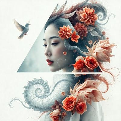 The primary subject of the image is a woman with a unique and artistic hairstyle, featuring a bird on her head. She is surrounded by a variety of flowers, including red and orange ones, which add to the vibrant and lively atmosphere of the scene. The visual style of the image is a combination of digital art and illustration, creating a captivating and eye-catching portrait. The colors and mood of the image are predominantly warm and inviting, with the woman's hairstyle and the flowers creating a sense of whimsy and creativity.